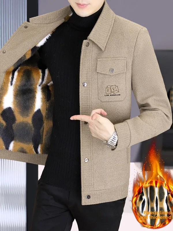 

Men's Woolen Coat Stand Collar Thiened ort Faionable Winter Jaet Warm Fluffy Inner Urban Sle Casual Sli Coat