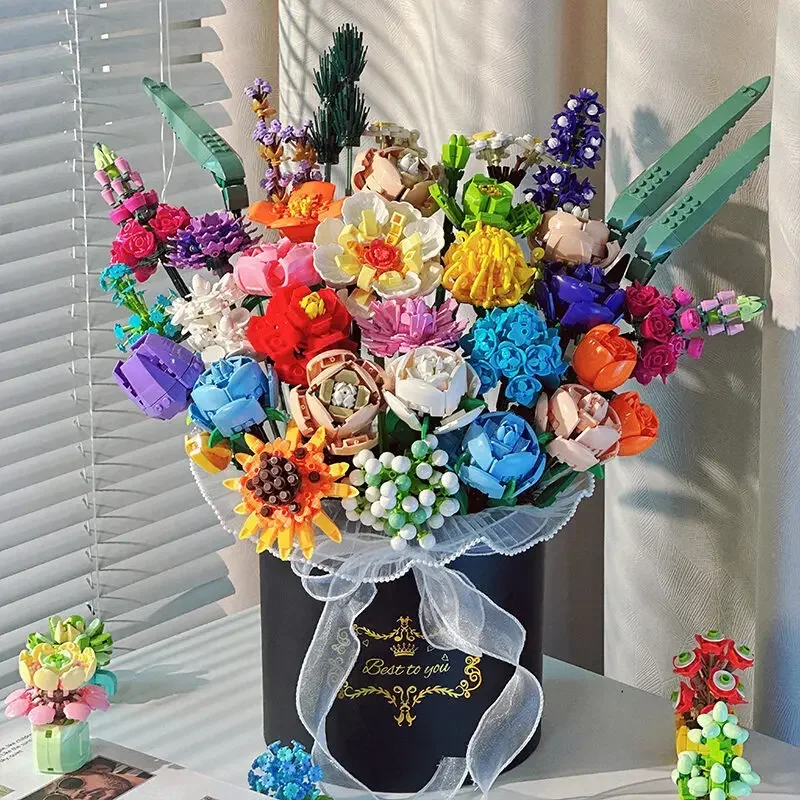 

Креативный цветочный букет из строительных блоков, искусственный цветочный букет для домашнего декора, строительный блок роз, воздуходувка, букет, подарочная коробка на день рождения