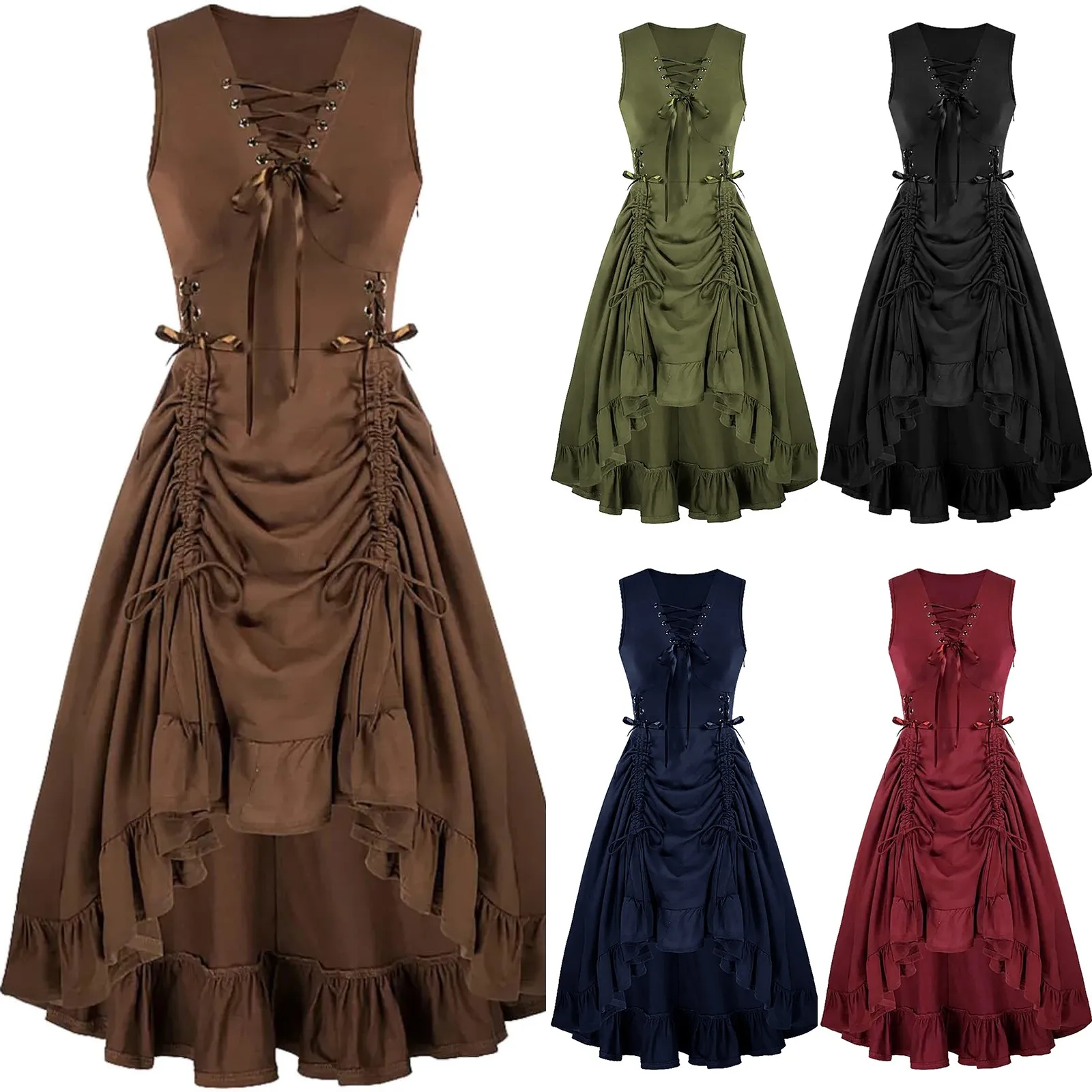 

Sleeveless Sweetheart U-Neck Gothic Pirate Cosplay Costume Medieval Women Renaissance Lace-Up Vest Dress Irregular Hem Dress