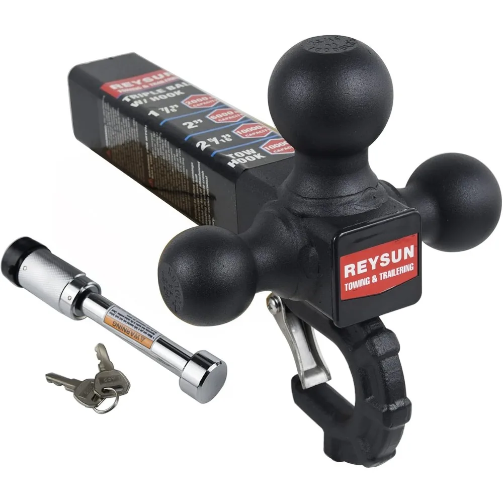 Enganche de remolque de tres bolas con gancho, compatible con receptor de 2 pulgadas, pestillo autoblocante, acabado en negro mate, incluye cerradura de 5/8 de pulgada