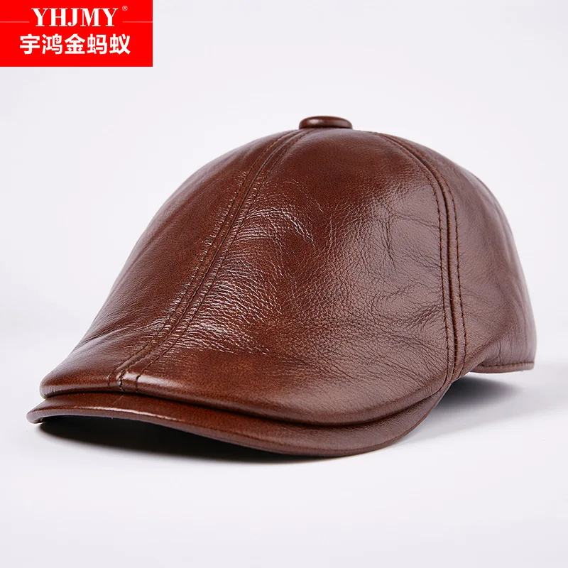 Winter leather hat men in the elderly ear protection beret cotton warm winter old man cowhide forward cap