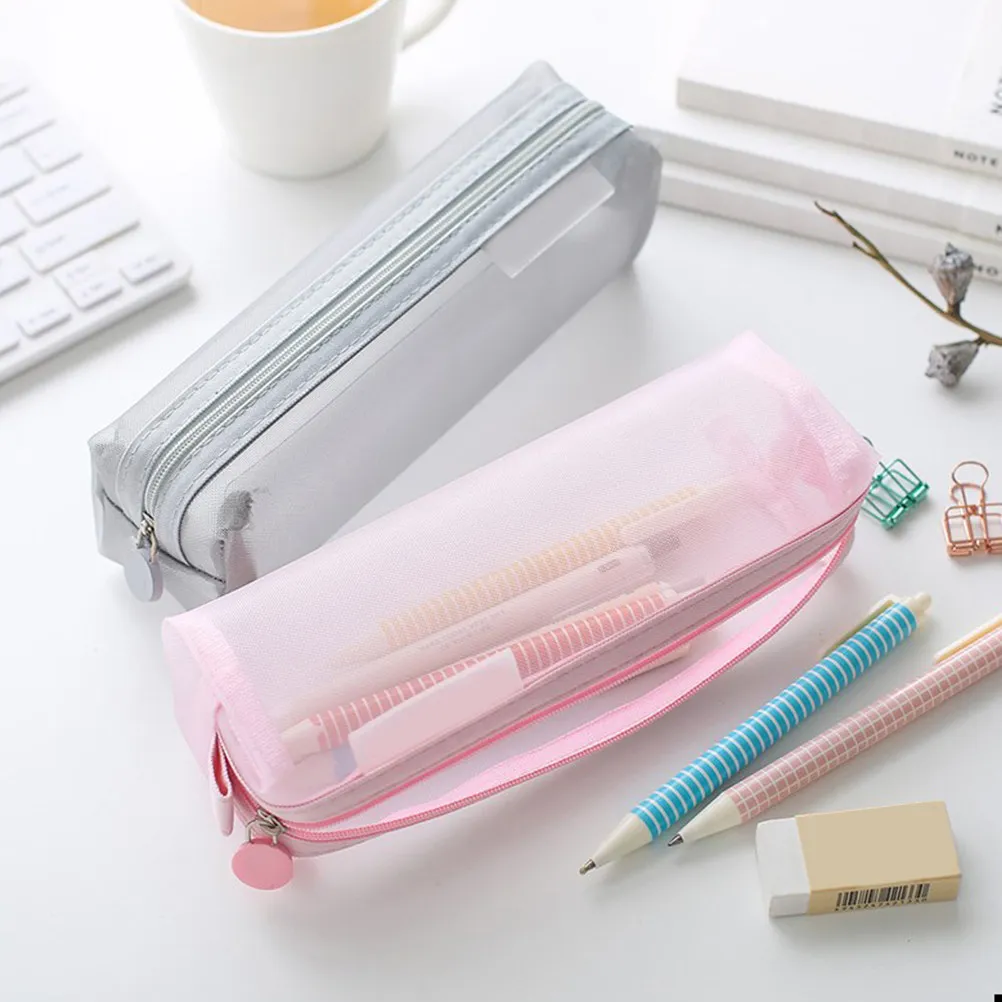 Pink Transparent Pencil Case Mesh Pen Holder Nylon Material Portable Lightweight for School Students Stationery Coins Cards Keys