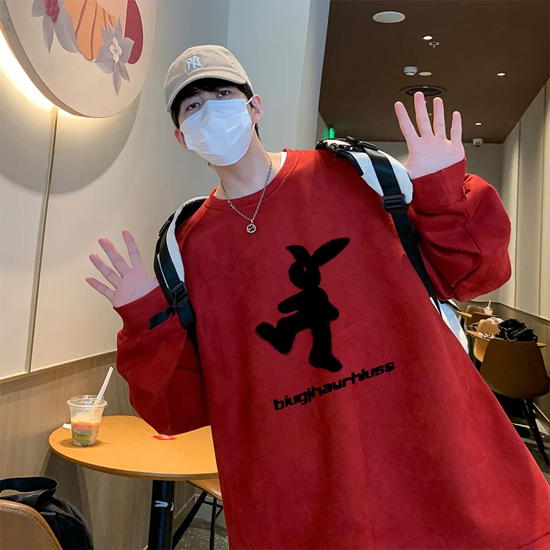 

Red Wine Color Long Sve Sweatirt Men's Autumn Design Split No Cap Suede Base irt Trendy Print Casual Loose Fit round Ne