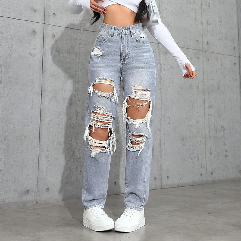 Women's Distressed Straight Leg Jeans Ripped Hole Denim Pants Casual Loose High Waist Street Style Trousers