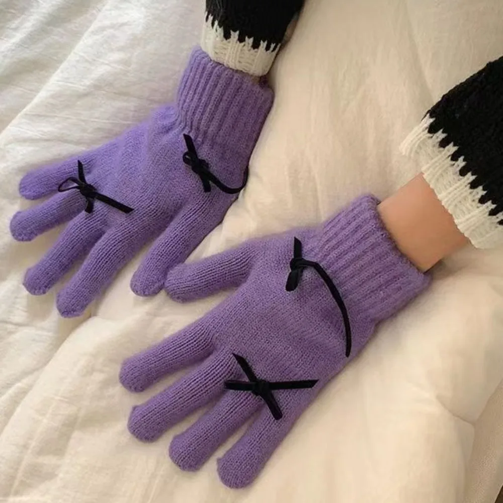 

Lovely Touch Screen Knitted Bow Gloves Candy Colored Solid Color Women Winter Gloves Windproof Bowknot Warm Riding Gloves Male