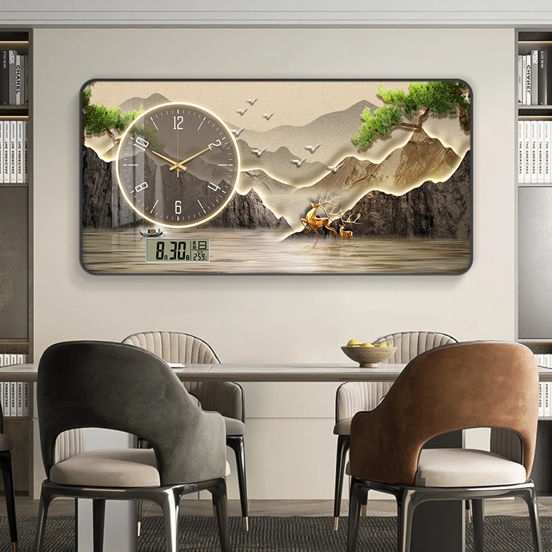 Perpetual Calendar Landscape Decorative Painting Restaurant New Chinese Clock Hanging Painting Living Room Home Clock Mural