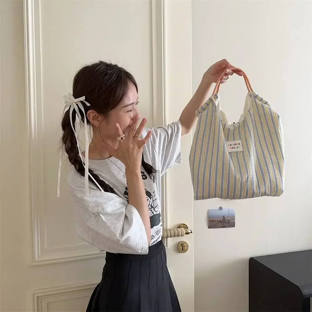 Messenger Bag Ins Handbag Large Capacity Small Fresh Striped Canvas Bag Hand Canva Bag Lightweight Women Handbag