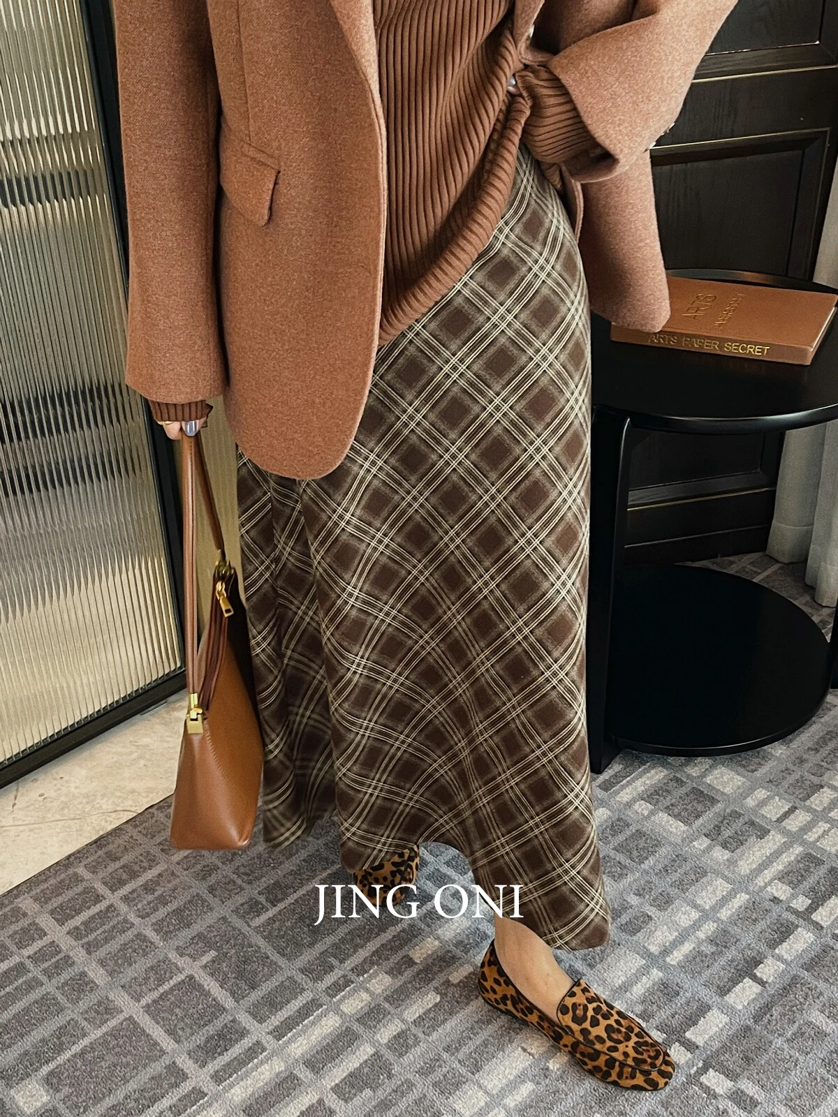 

Юбка миди из шерсти в клетку с высокой талией, женская, осенне-зимняя, новая, прямого кроя, облегающая, больших размеров, А-силуэт