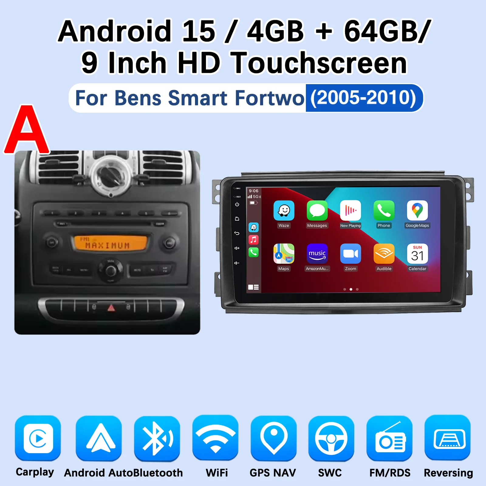 MOPECT 9 Zoll für Mercedes Benz Smart Fortwo 451 2005-2015 Apple CarPlay Android Auto Radio GPS FM WiFi BT AM Multimedia DAB+ DVR