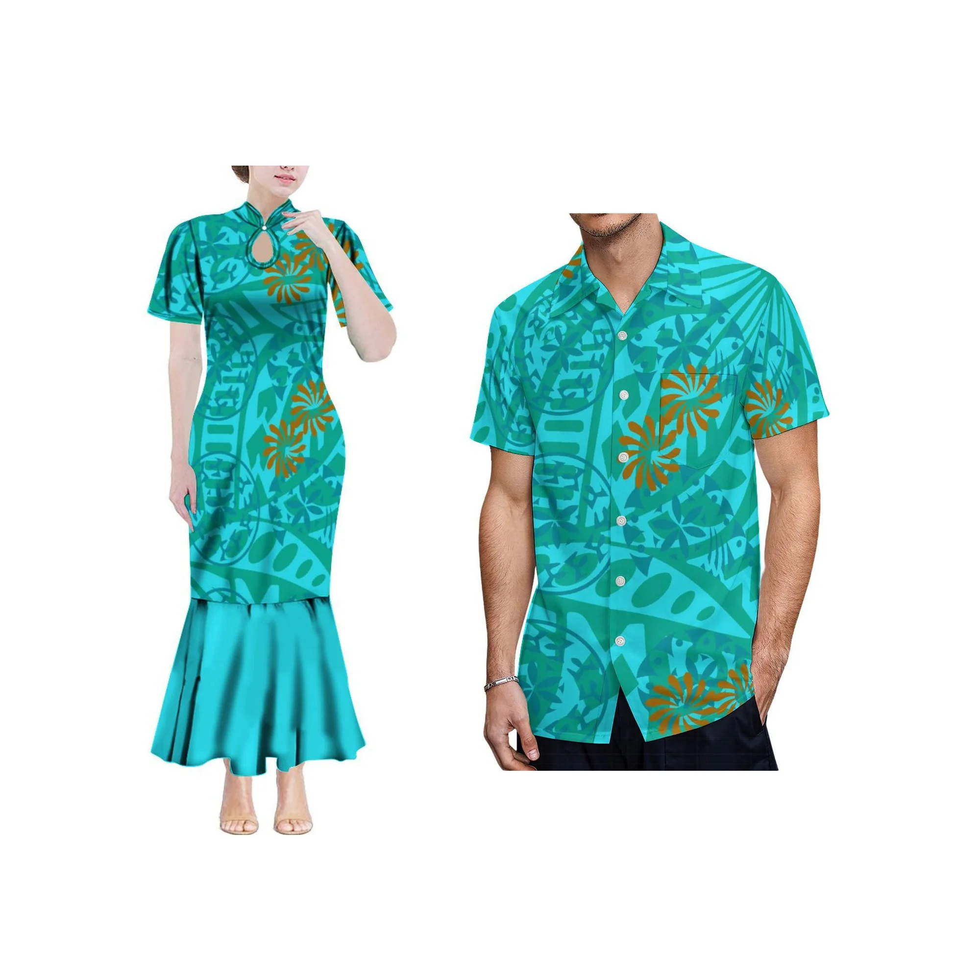 Womens Mermaid Dress Customized Polynesian Print Mandarin Collar Water Drop Design Short Sleeve Long Dress