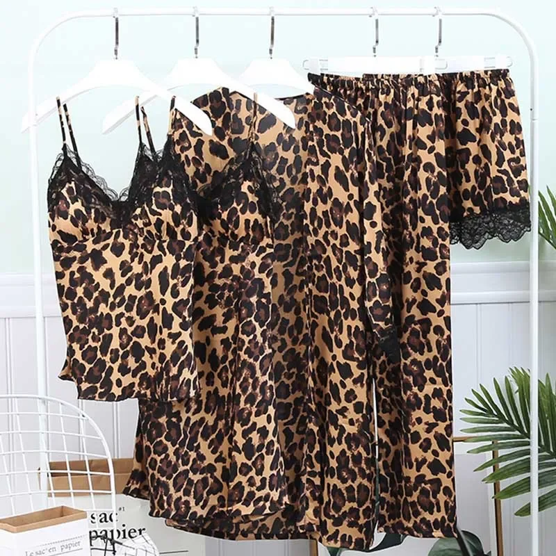 5PC Silk Robe Sleep Suit Womens Lace Satin Pajamas Gown Set  Cami Nighties Wear Pijama Home Nightwear Sexy Leopard Nightdress