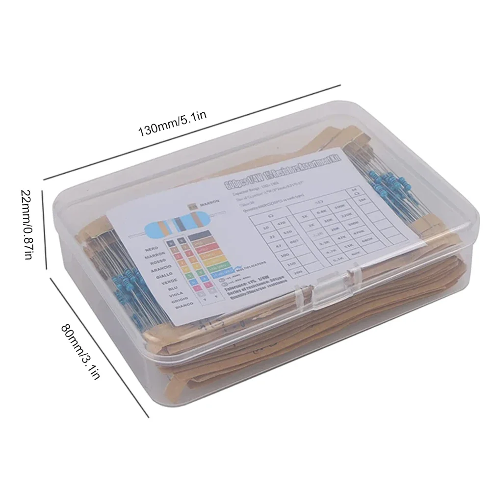 600PCS 1/4W ตัวต้านทานฟิล์มโลหะแพ็คความแม่นยํา 1% 10R-1M ค่าความต้านทาน 30 ประเภท,20 ตัวอย่างแพ็คแต่ละ