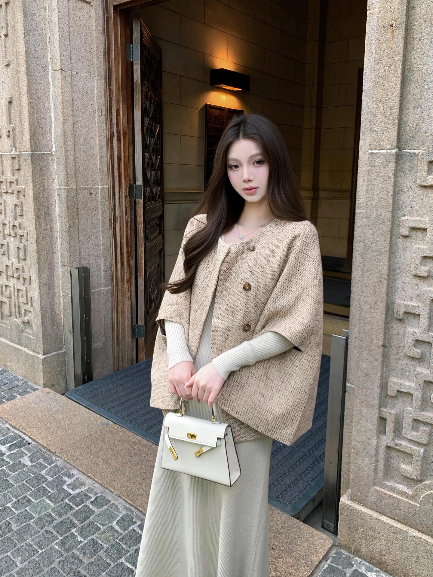 

EU Vintage Khaki Ele Cloak Coat Autumn Winter New Sle Aosphere Loose Small Fraance Sle Jaet Women's Woolen O...