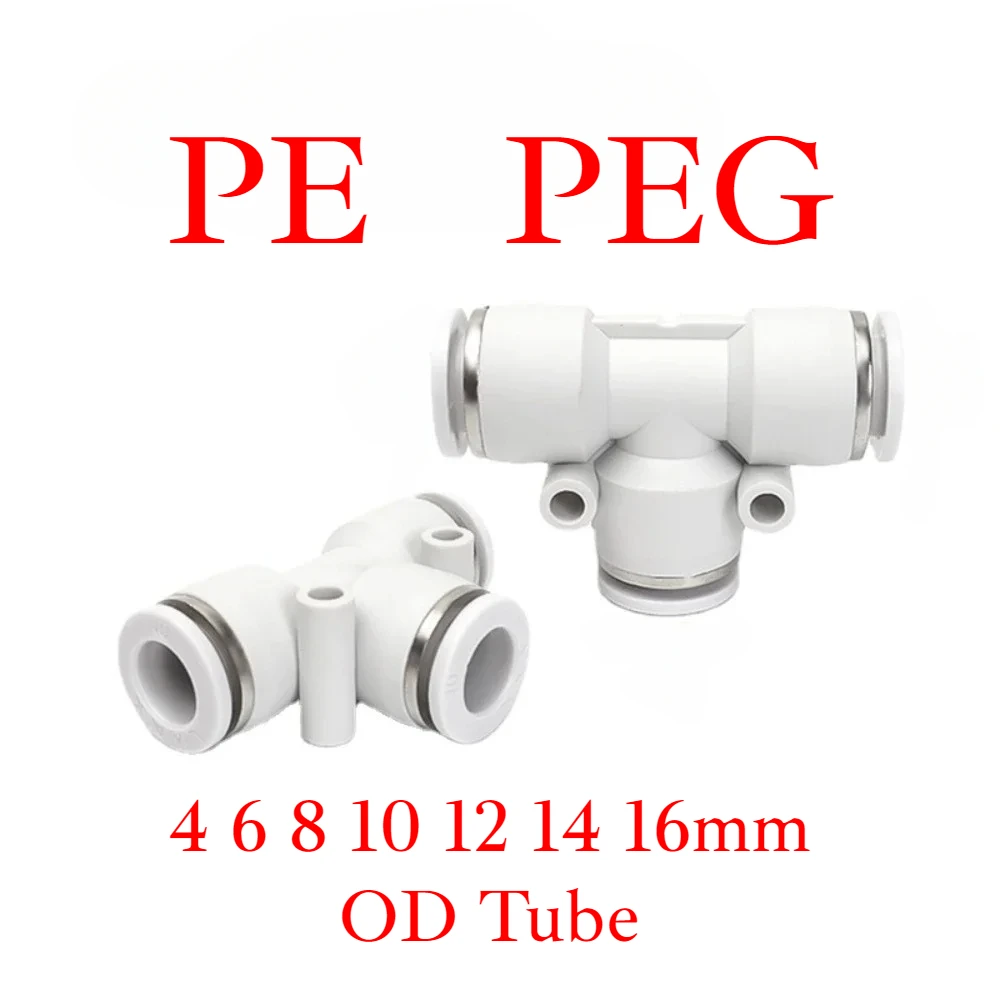 4 6 8 10 12 14 16mm OD Tube PE PEG T-shape 3 Ways Pneumatic Air Fitting Quick Release Push To Connect Variable Diameter PEG14-12