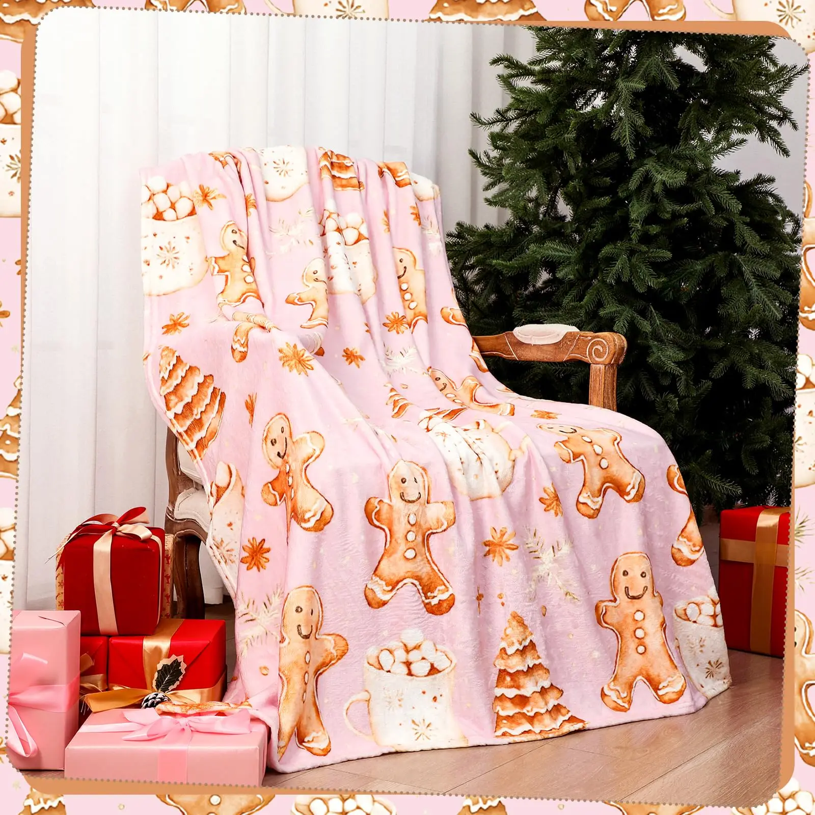 Gingerbread Man Christmas Throw Blanket for Adults Holiday Tree and Cookie Theme for Bedroom Couch Travel Home Decor