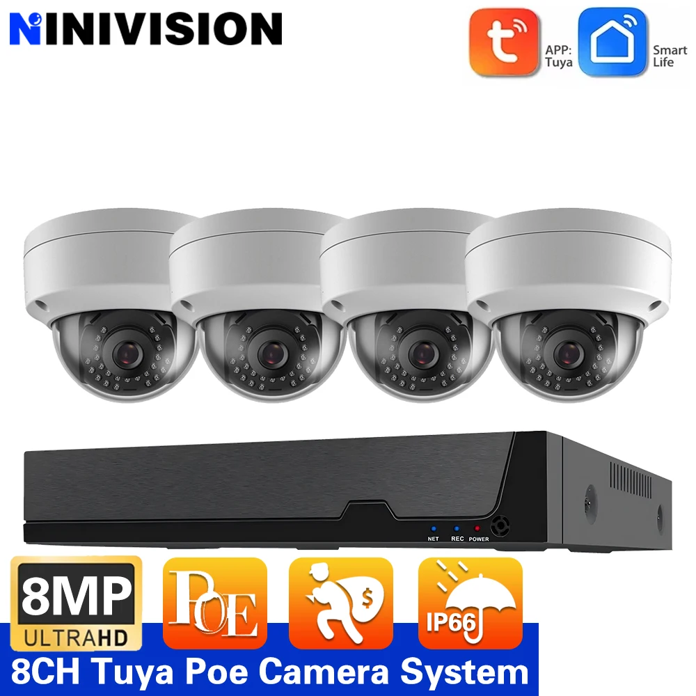 

NINIVISION Tuya H.265 8CH 4K NVR Kit CCTV POE Security Camera System Vandal-proof Dome IR Night Vision Video Surveillance Set