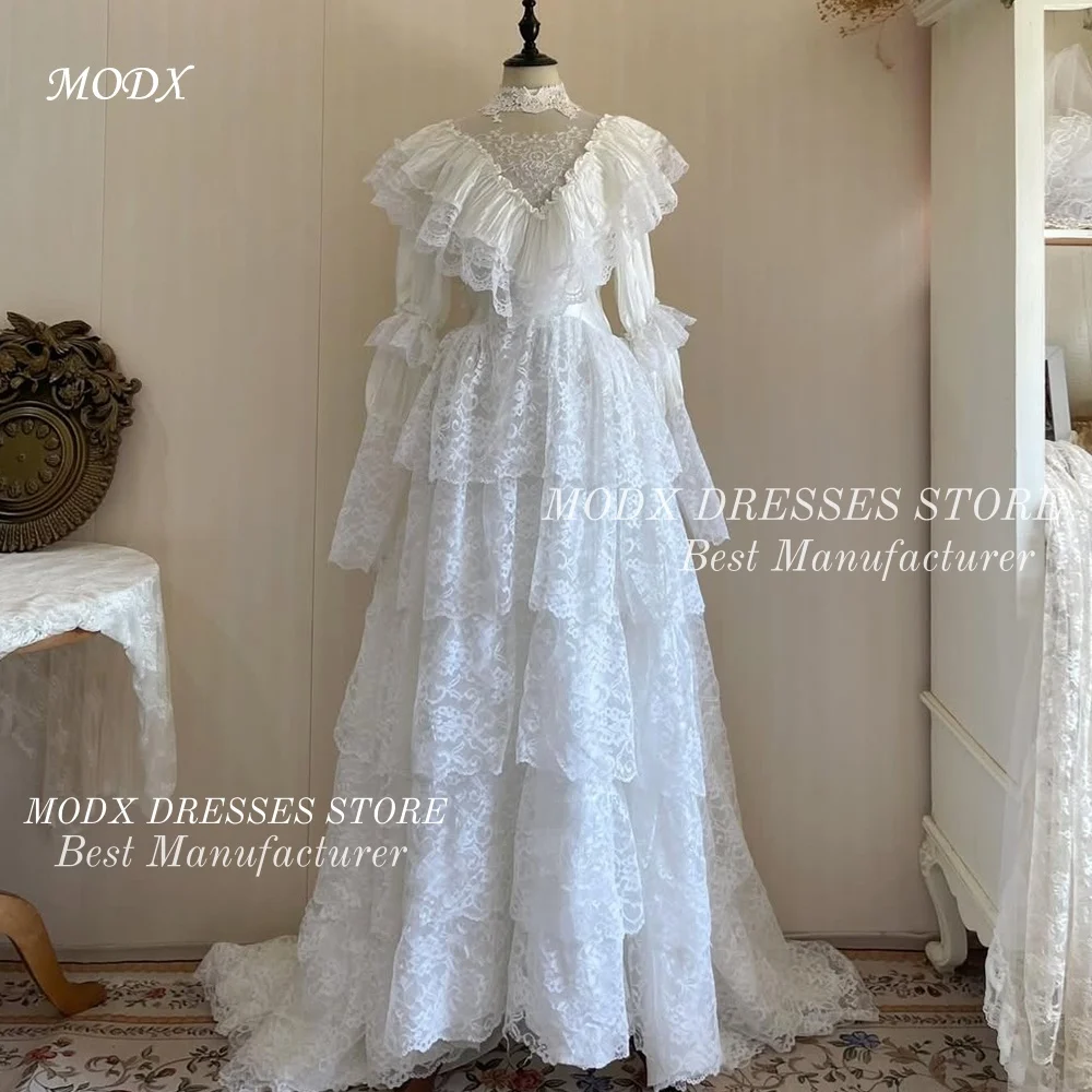 MODX Vintage Spitze Tiered Rüschen Brautkleid Lange Ärmel Brautkleid Bodenlangen Angepasst Vestidos Novias Boda Frauen