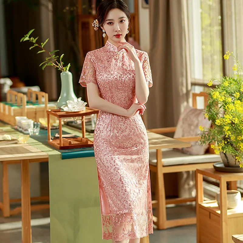 Yourqipao 2024 Summer Women's Pink Cheongsam Lace Embroidered Short-sleeve Chinese Qipao Dress