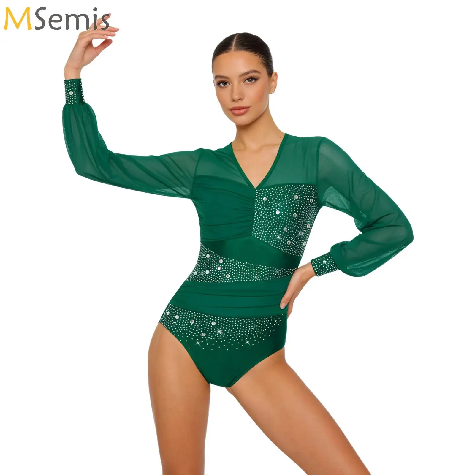 

Women Gymnastics Rhinestone Bodysuit Mesh Long Sleeve Back Cutout Ruched Leotard Jumpsuit for Figuring Skating Tango Latin Dance