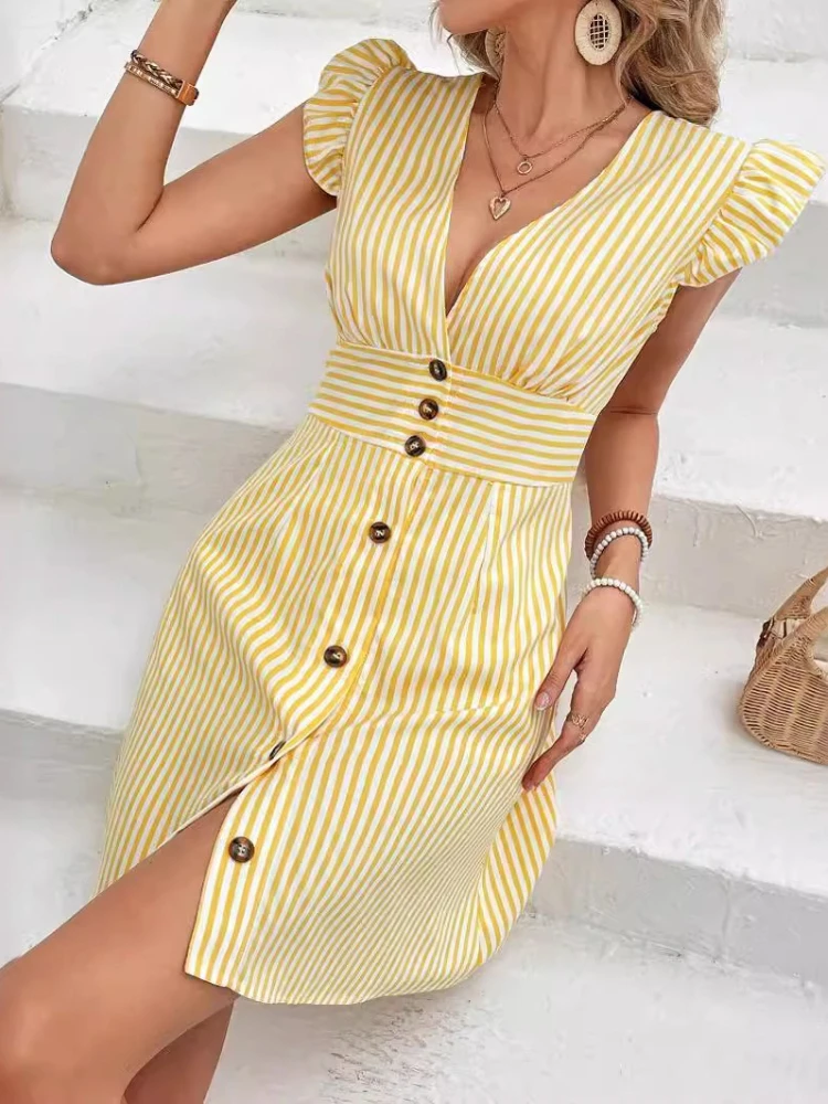 Neues Damenkleid, Sommermode, Temperament, gestreift, bedruckt, V-Ausschnitt, fließende Ärmel, elegantes Kleid, Retro-Kleid, figurbetontes Kleid
