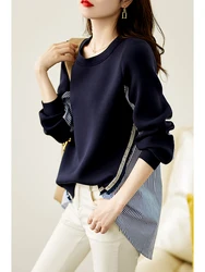 Autumn New Fashion Temperament Age-reducing Blouse Back Single-breasted Air Cotton Striped Stitching Shirt Sweater DK1451