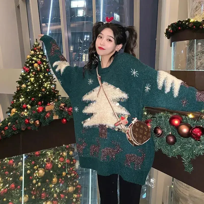 Red Christmas Deer Sweater for Women Loose Autumn Winter Half Turtleneck New Year Coats Knit Y2k Fashion Korea Female Clothing