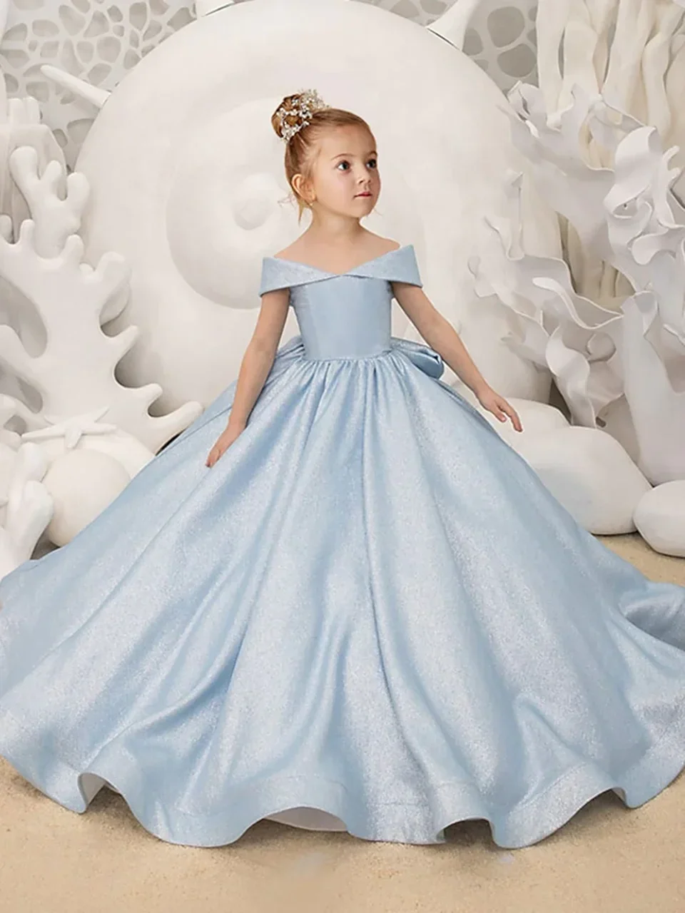 Abiti da ragazza di fiori blu chiaro semplice fiocco elegante abito da ballo in raso da principessa per bambini festa di compleanno vestito da prima