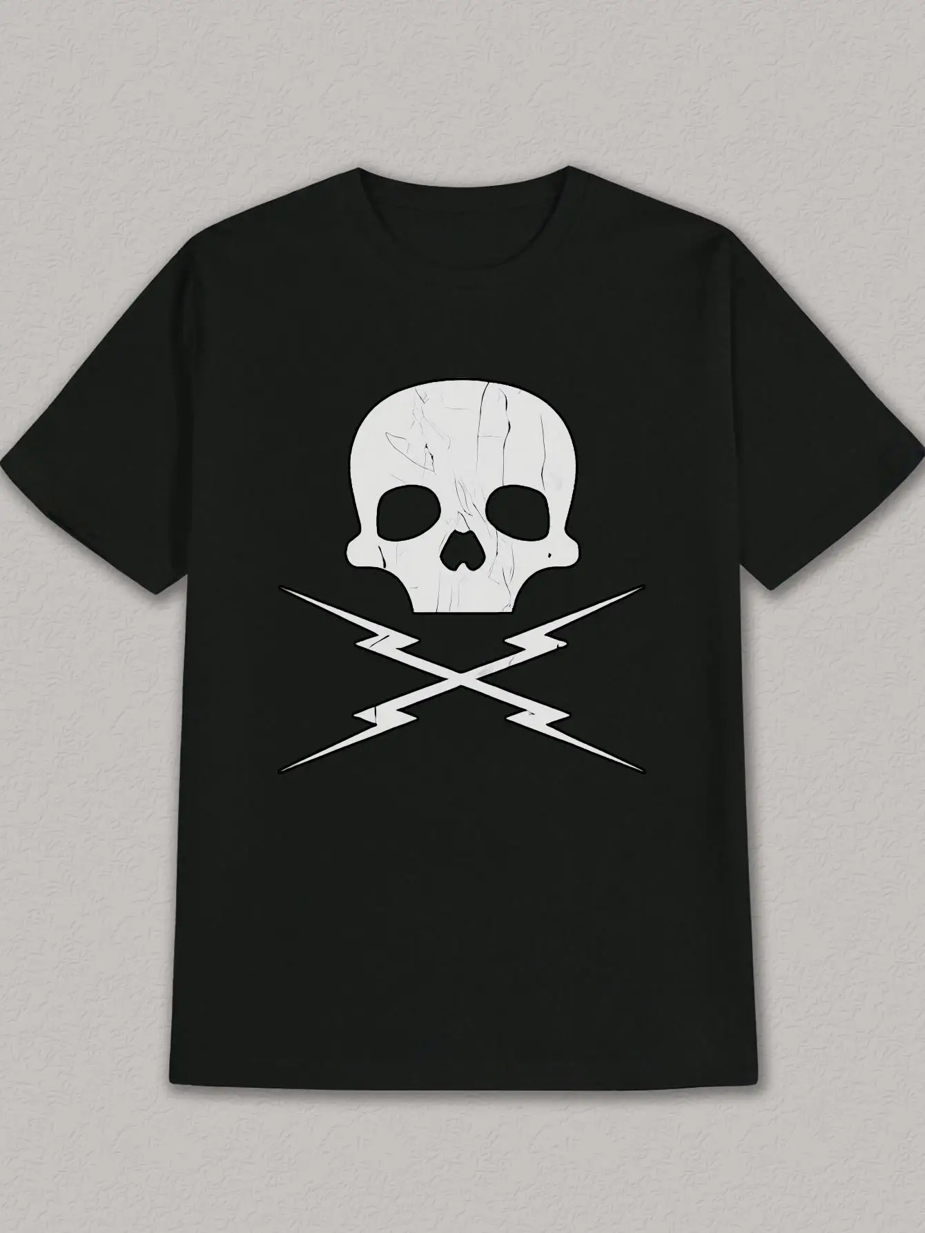 Men'S Summer Casual Graphic Tee - Skull And Crossbones with Lightning Bolt Design, Black with White Print, Lightweight And Breathable, Regular Fit, Machine Washable, Streetwear Style, Statement T-Shirt, Easy to Care For, Printed Shirt