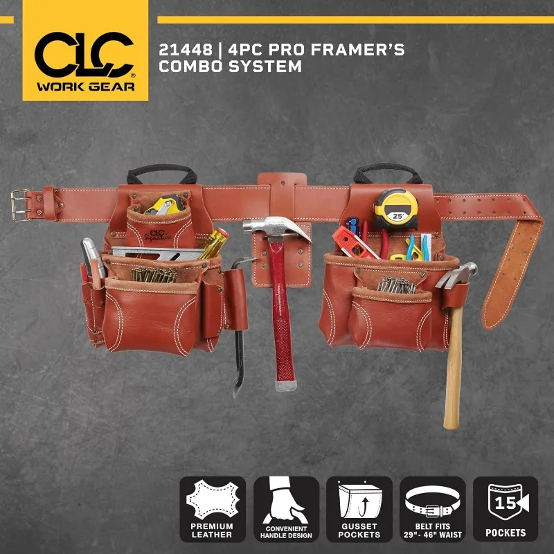 21448 4 Piece Pro Framer's Combo System Tool Belt 15 Pocket,Brown