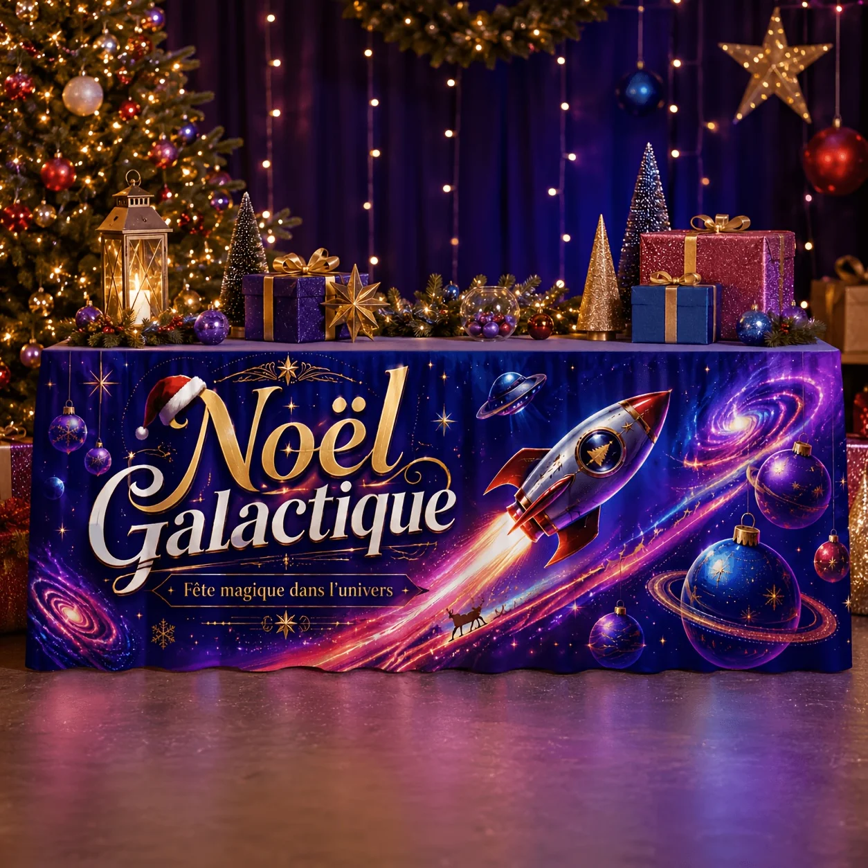 One-piece set - Galactic Christmas Tablecloth - Golden Cursive Rocket UFO Santa Reindeer Spiral Galaxy Table Decorationxzj