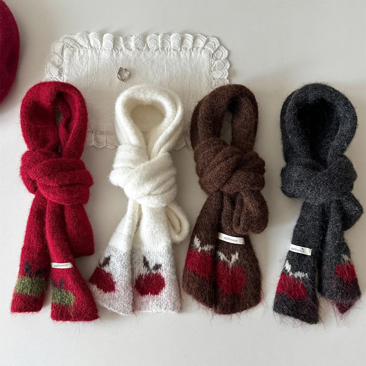 Retro Jacquard Knitted Scarf for Women Woolen Narrow Scarves Winter Plush Neck Warmer 3-12Year Children Girls Fashion Outfits