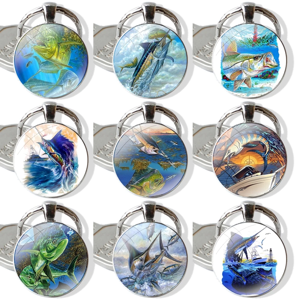 Keychain Glass Cabochon Metal Pendant Classic Men's Women's Keyring Hunting Fishing art fish