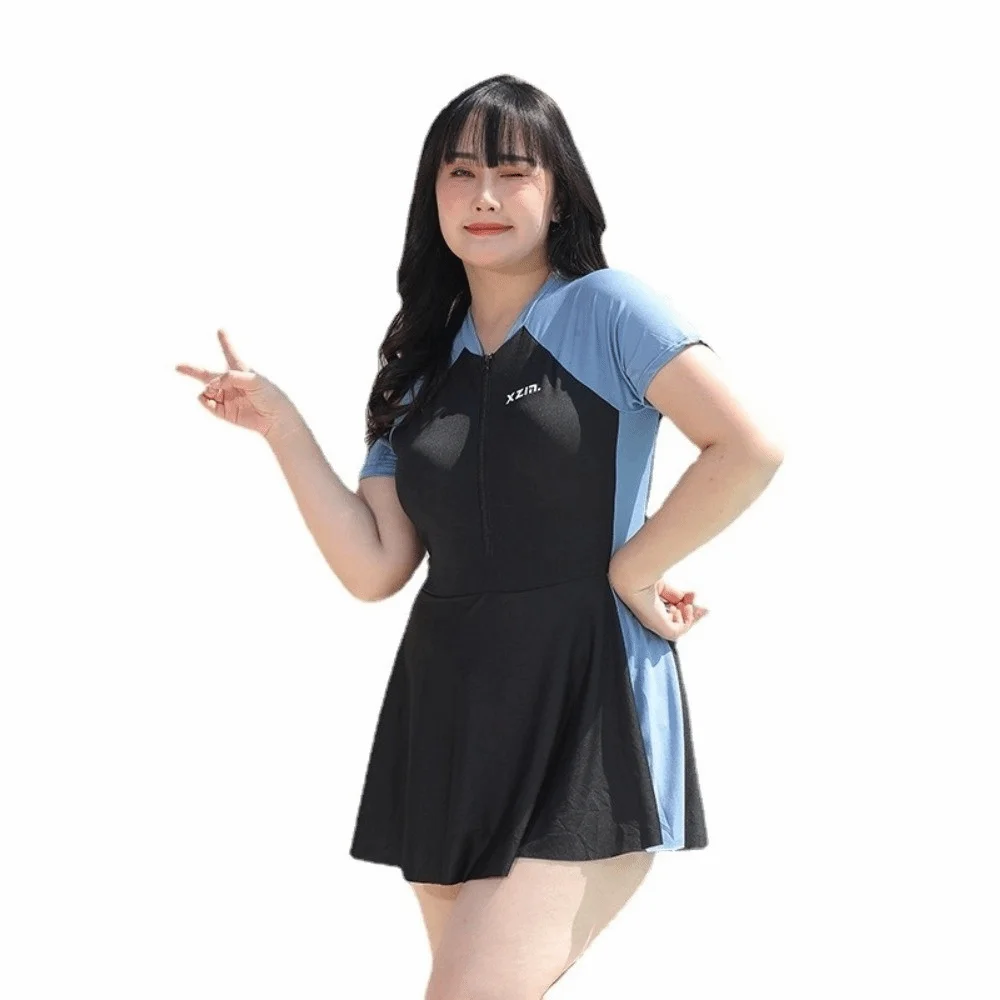 

Beachwear Short Sleeve Swimsuit Loose Bikini Sun Protection Women Bathing Suit Milk Ice Silk Blue Green Swimwear Skirt Tennis
