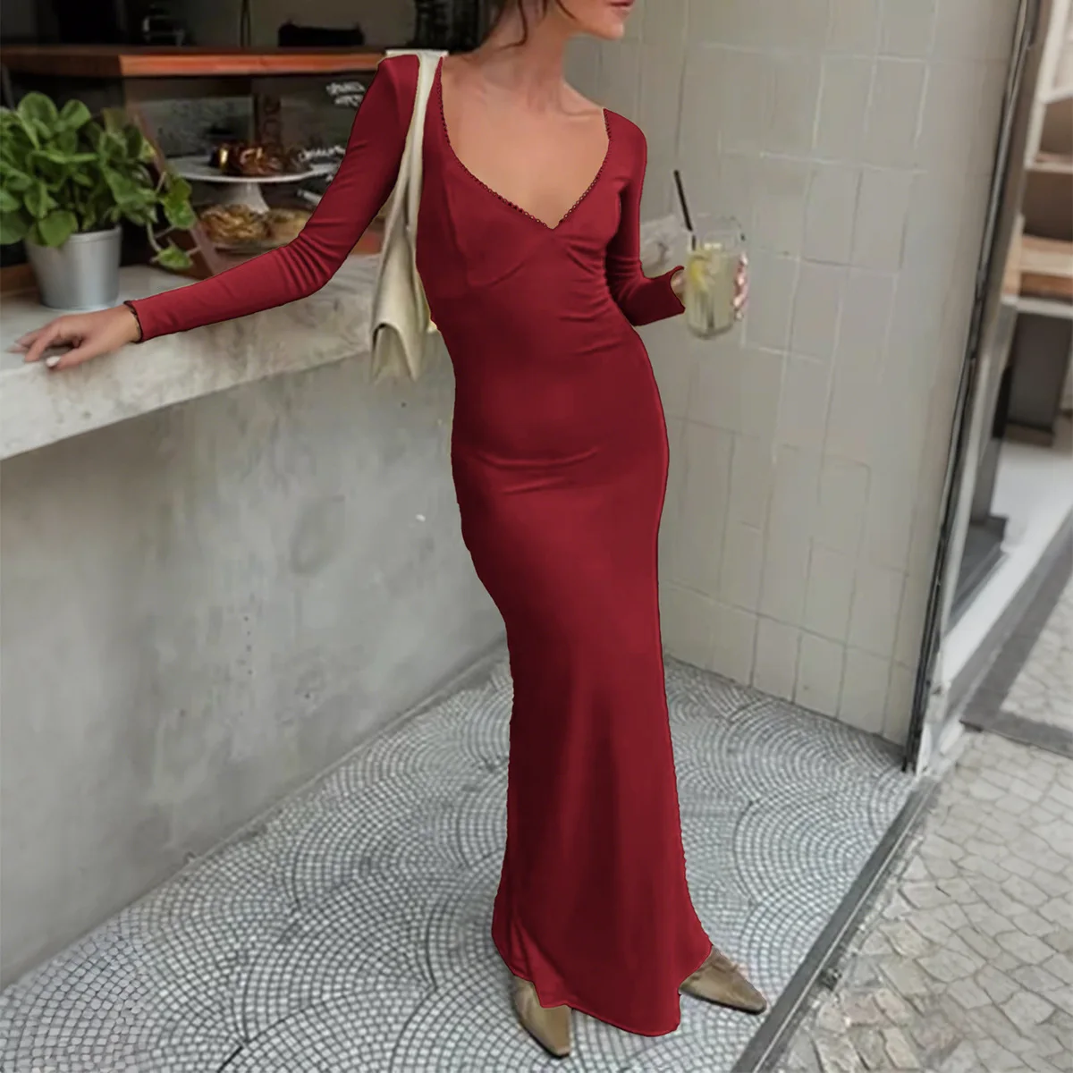 

Women's Ribbed Knit Square Neck Y2K Dress Elegant Buttons Wrap HIPS Outfits Dress Back Split Casual Long Dresses
