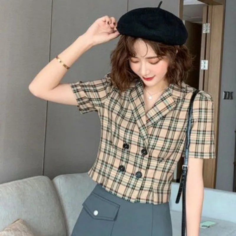 Women Clothes Summer Trend Fashion Vintage Simplicity Plaid Shirts Women's Casual All-match Temperament Short Sleeve Tops