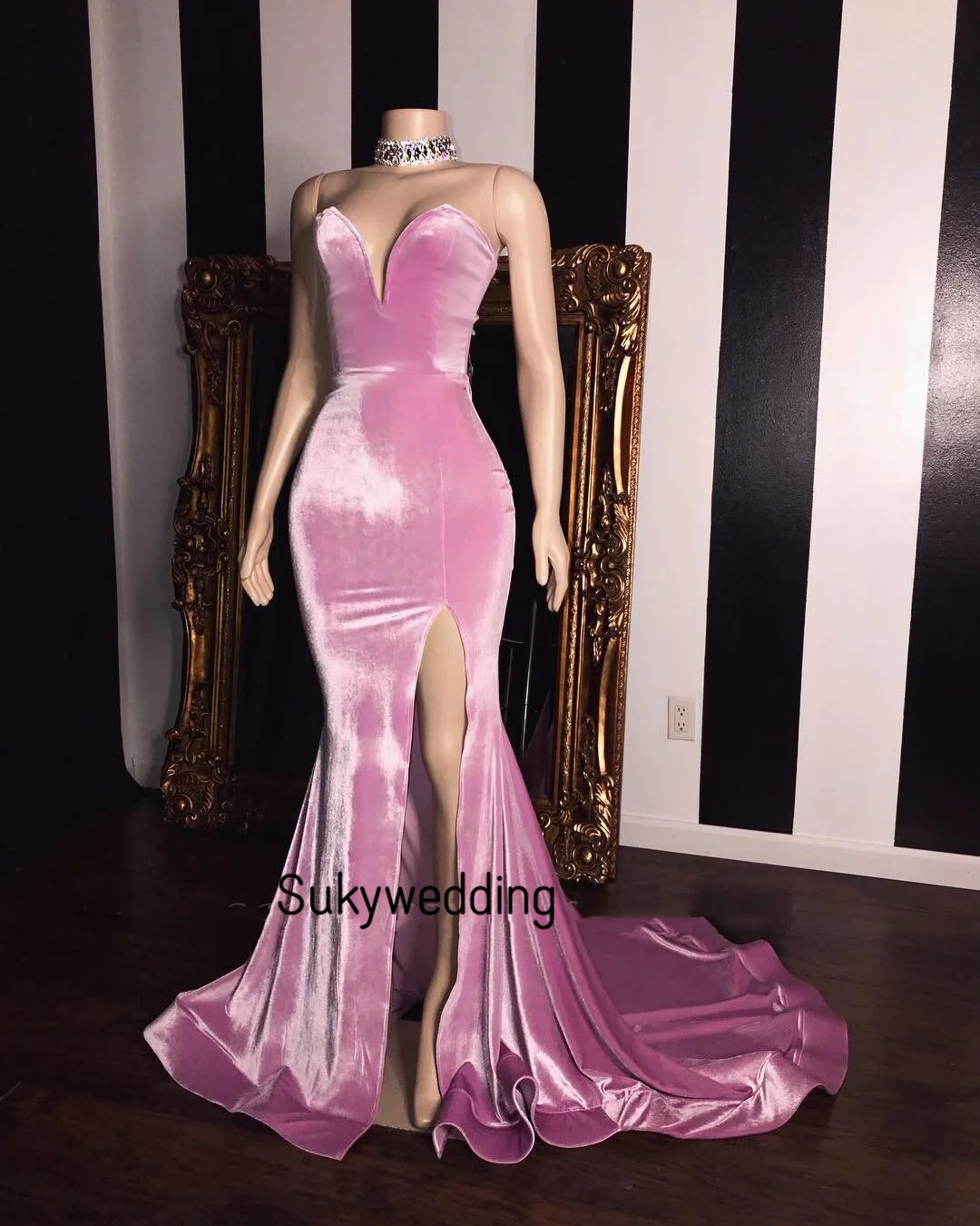 

Pink Velvet Sweetheart Prom Dresses Elegant Side Slit Mermaid Long Evening Gowns Birthday Party Dresses Evening Wear