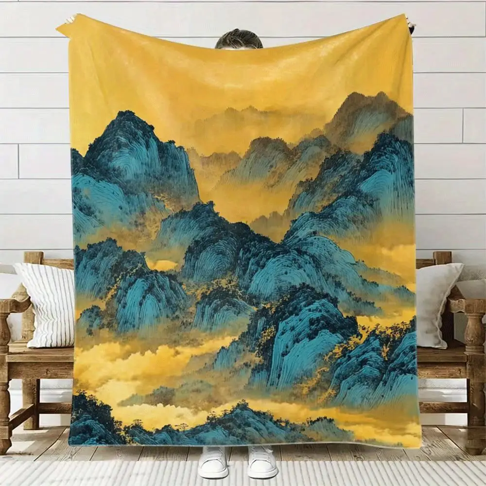 Premium Large Scenic Mountain Landscape Blanket Throw Yellow Gold Blue Ink Wash Art Print 150x200cm Decor Home Gift