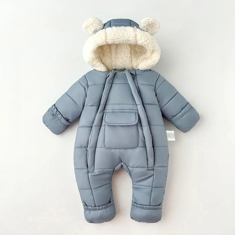 Baby Clothes Winter Children Solid Color Plush Thickened Hooded Jumpsuits Infant Warm Casual Double Zipper Romper Clothes