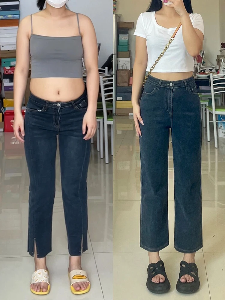 

Джинсы женские с высокой талией, прямые, из денима, весна-осень, больших размеров, эластичные, утягивающие, укороченные (7/8)