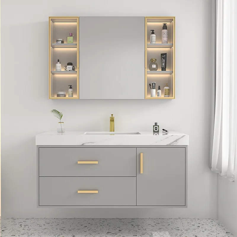 

Комплект мебели для ванной комнаты: тумба с мраморной раковиной и зеркальным шкафом, настенная раковина.