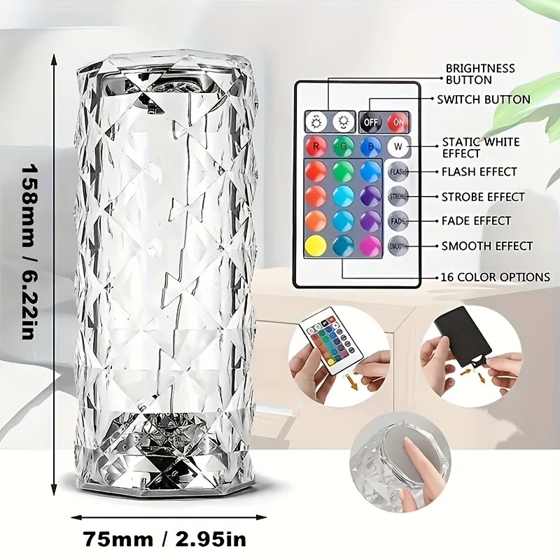 Imagem -02 - Touch Control Rose Table Lamp Led Night Light Rgb Diamond Touch Lamp For Bedroom Presente de Aniversário 16 Cores