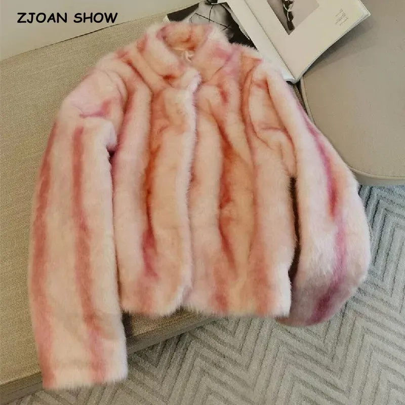 Autumn Winter Contrast Color Pink Striped Hairy Shaggy Faux Fur Jacket Stand Collar Full Sleeve Furry Coat Soft Party Outercoat