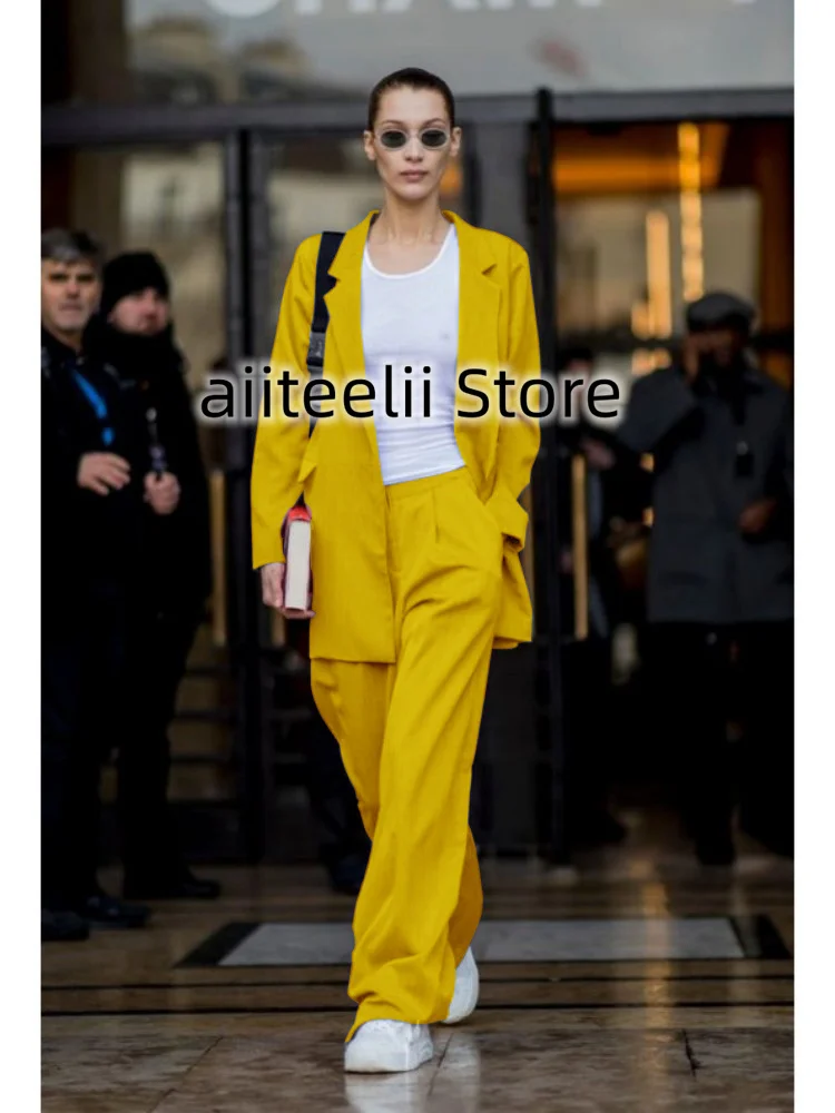 Women's Suit Two Piece Set Fashionable Solid Color Slim Fit Peaked Lapel Elegant Wide Leg Pants Single Breasted Fit Business