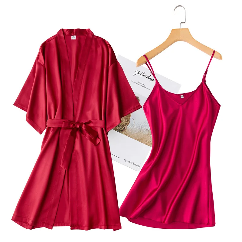 Bride Bridesmaid Wedding Robe Set Sexy Short 2PCS Robe Set Nightwear Casual Satin Champagne Sleepwear Kimono Bathrobe Gown