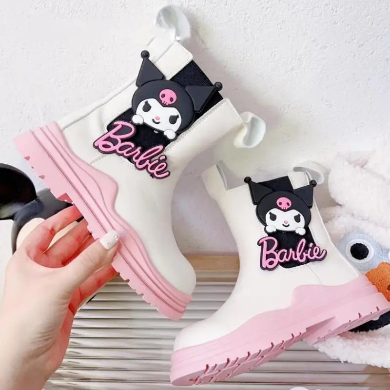 Anime Sanrios My Melody Kuromi Kawaii Cartoon Girl Leather Boots Autumn Winter Chelsea Mid-Calf Pink Princess Shoes Martin Boots