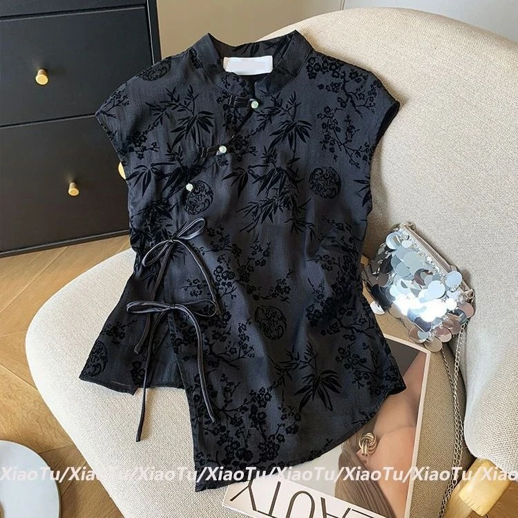 

Жаккардовая рубашка с короткими рукавами и воротником-стойкой в китайском стиле с косой передней планкой, женский винтажный жилет, повседневный жилет