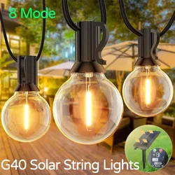 G40 Solar String Lights Outdoor Solar Globe String Bulb Patio Hanging Lights Waterproof Garden Pergola Bistro Deck Decor 8Mode