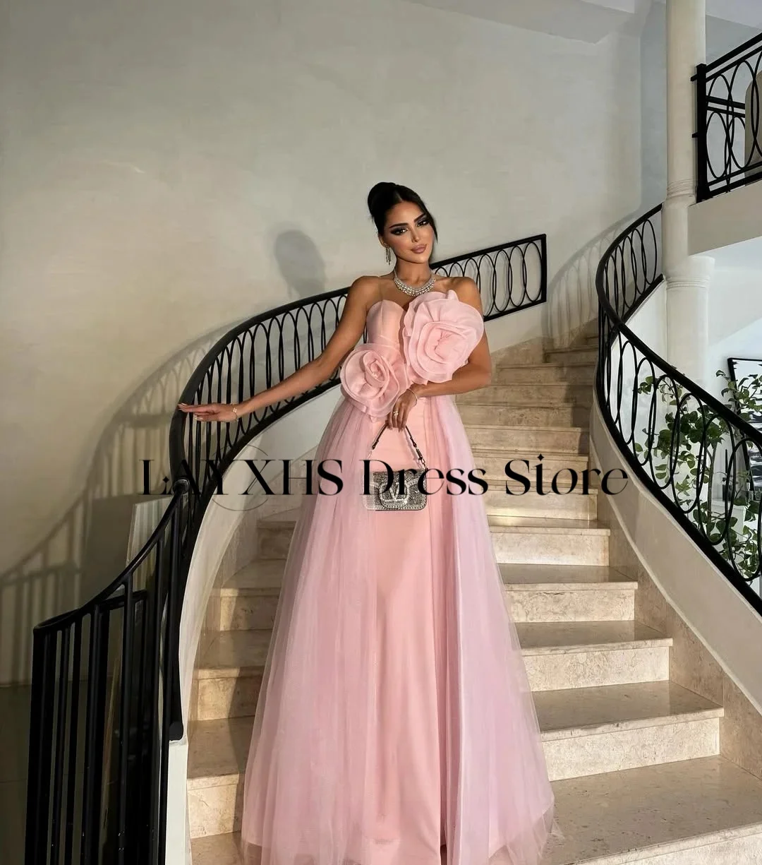 LAYXHS Exquisite trägerlose Abendkleider, rosa A-Linie, Blumen, Tüll, Hofschleppe, Ballkleider, individuell gestaltet