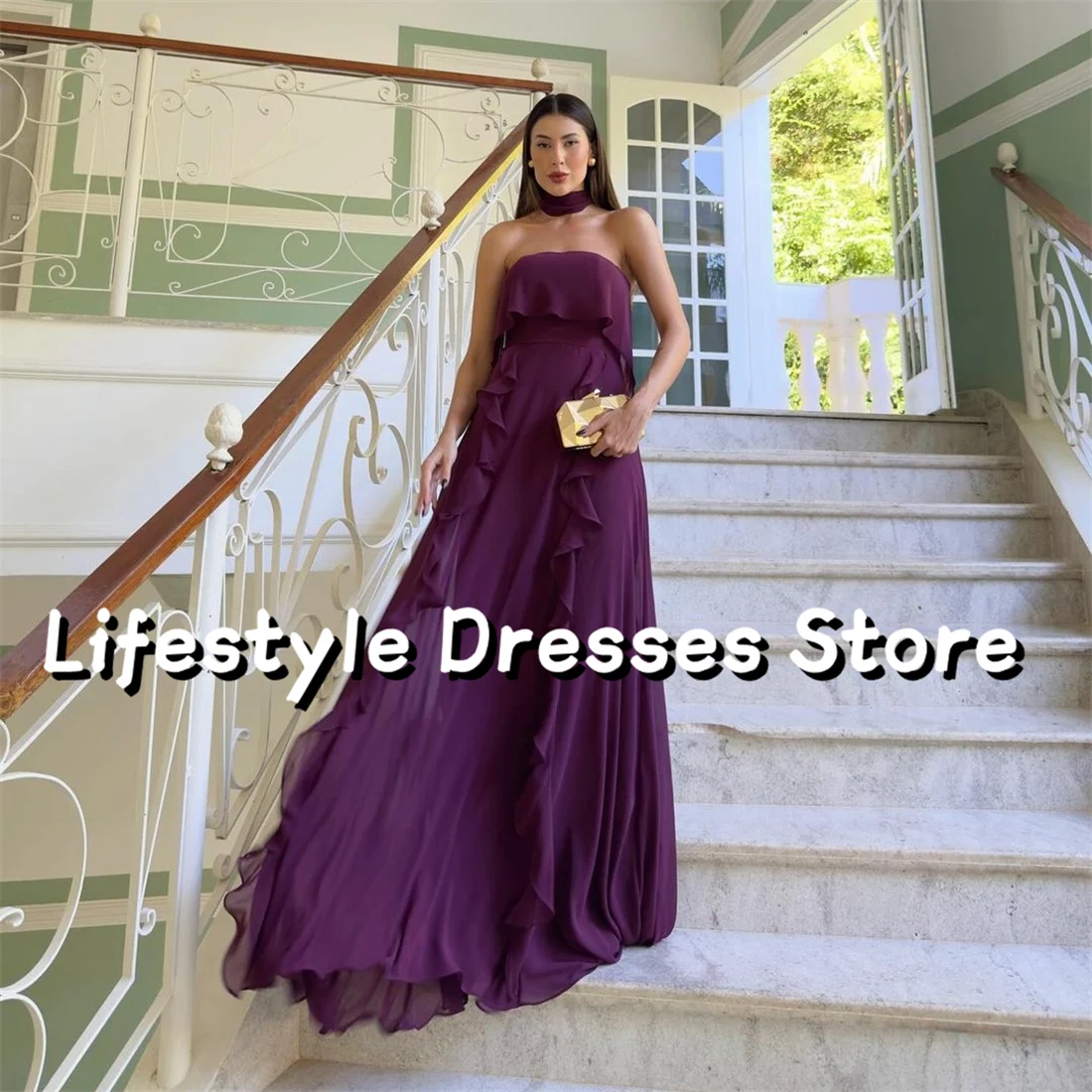 Strapless Purple Ruffles Prom Dresses Sleeveless With ribbon Multiple Collocation Party Gown vestidos para eventos especiales