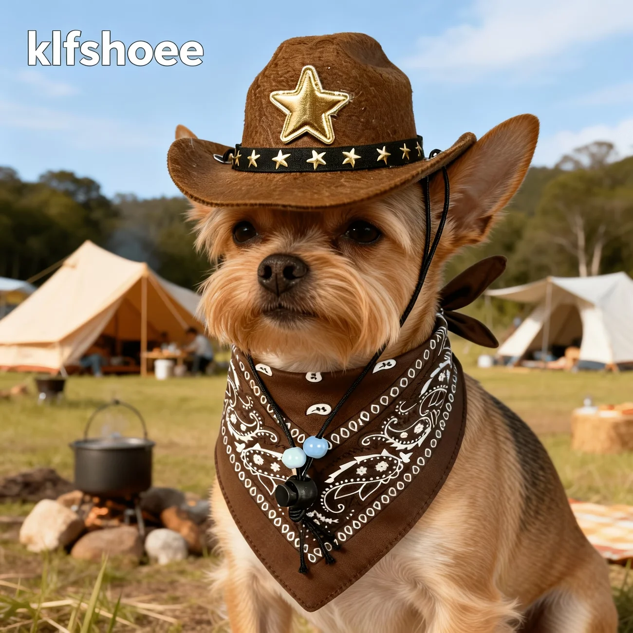 2-teiliges Western-Cowboy-Haustierkostüm-Set, maschinenwaschbar, verstellbarer Riemenhut, Retro-Braun-Bandana für kleine und mittelgroße Hunde, Welpen-Set – Detail 5